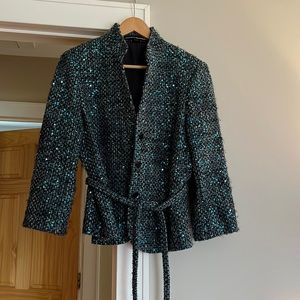 Wool and sequins fully lined jacket with tie belt